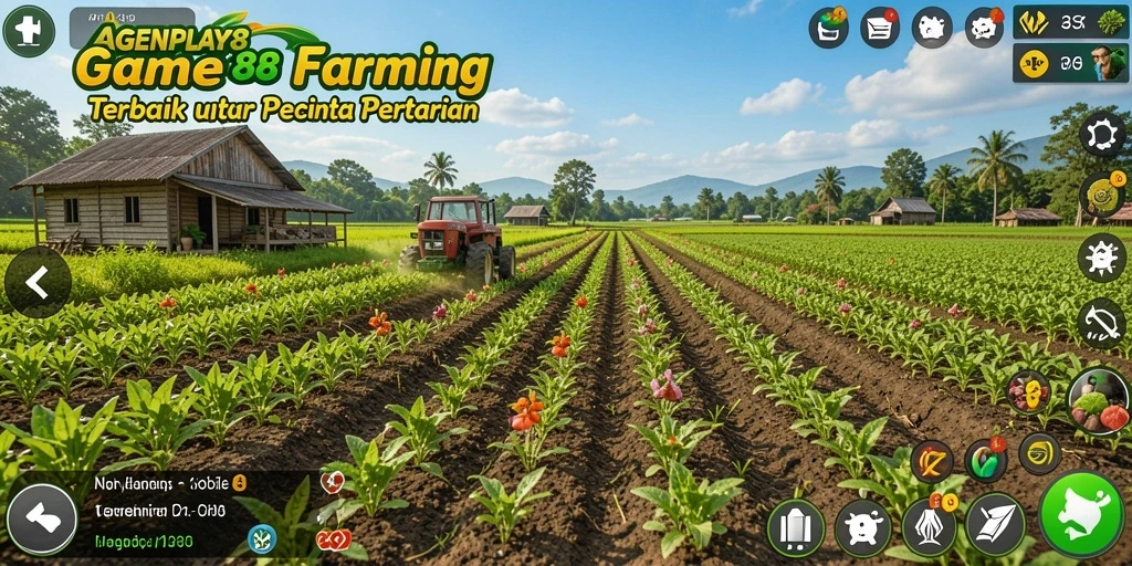 Tangkapan layar gameplay AGENPLAY88 dengan peternakan yang indah dan subur.