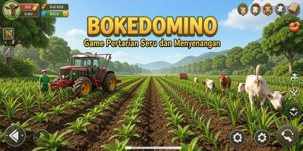 Tampilan screenshot BOKEDOMINO menampilkan dunia pertanian yang penuh warna dan menarik.