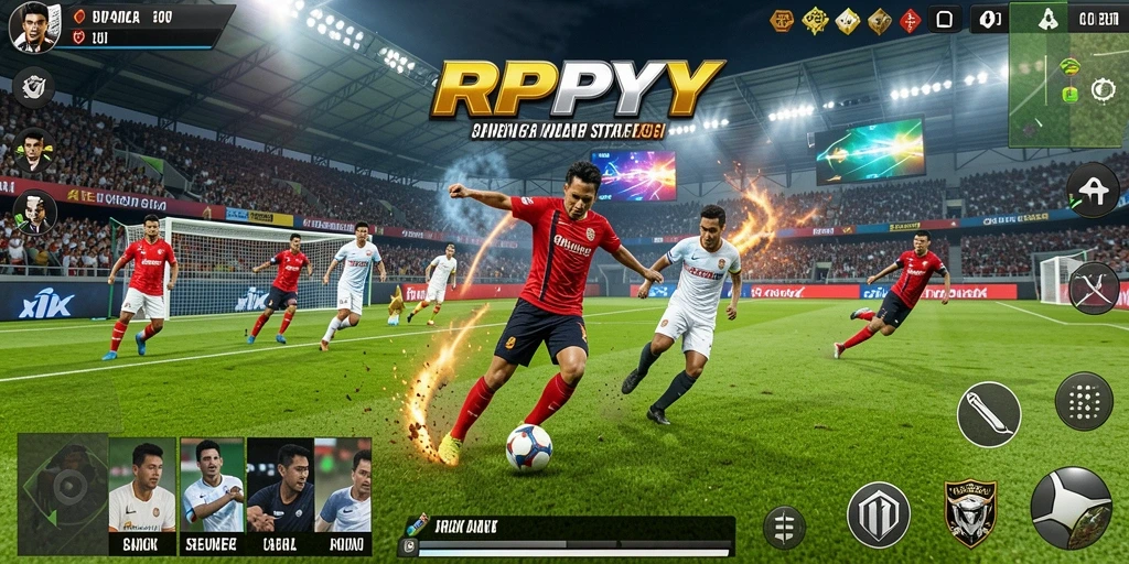 Tangkapan layar gameplay RPYYY menunjukkan aksi sepak bola yang intens.