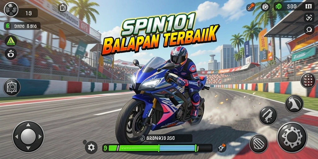 Screenshot utama SPIN101 menampilkan aksi balapan motor yang mendebarkan.